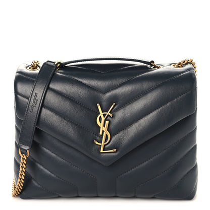 Saint Laurent quilted leather satchel with YSL logo and gold chain strap, dark blue