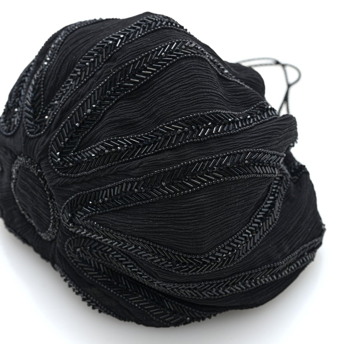 Black beaded chiffon silk crepe pochon bag with side embroidery and drawstring cord