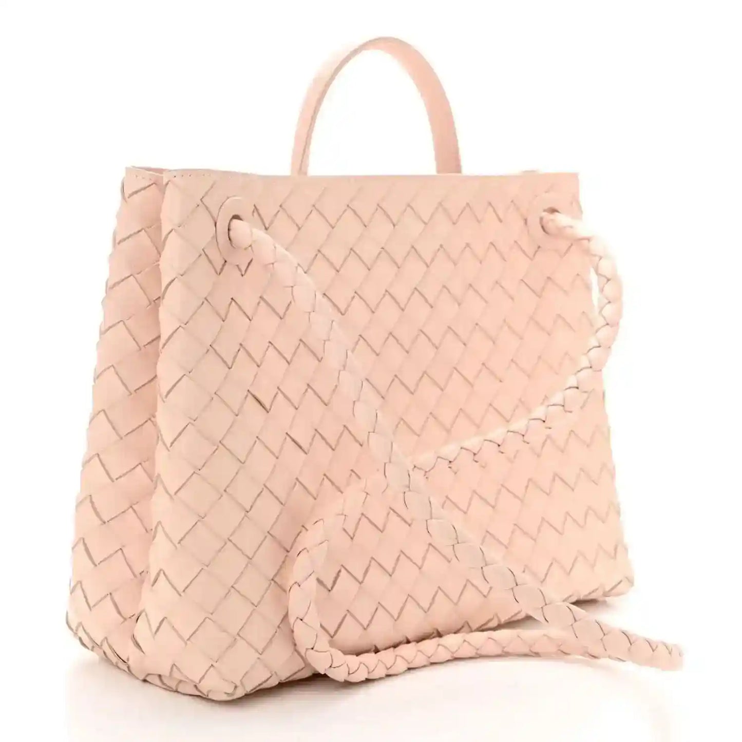 Pink intrecciato leather medium tote bag with top handles, angled view