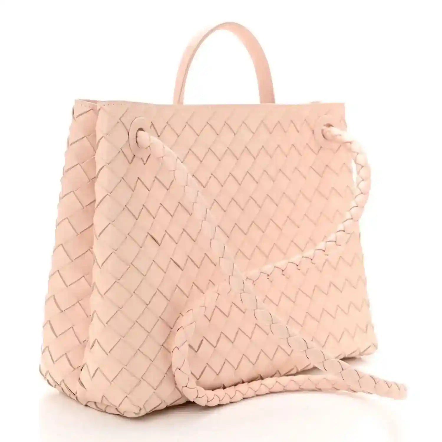 Pink intrecciato leather medium tote bag with top handles, angled view