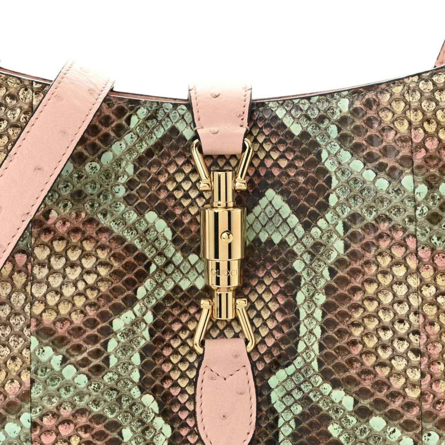 Gucci small Jackie 1961 hobo front close-up with gold clasp and pink snakeskin
