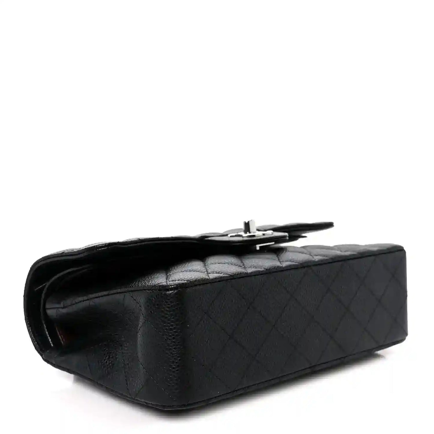 Black caviar-quilted leather flap bag with top handle and turn-lock clasp