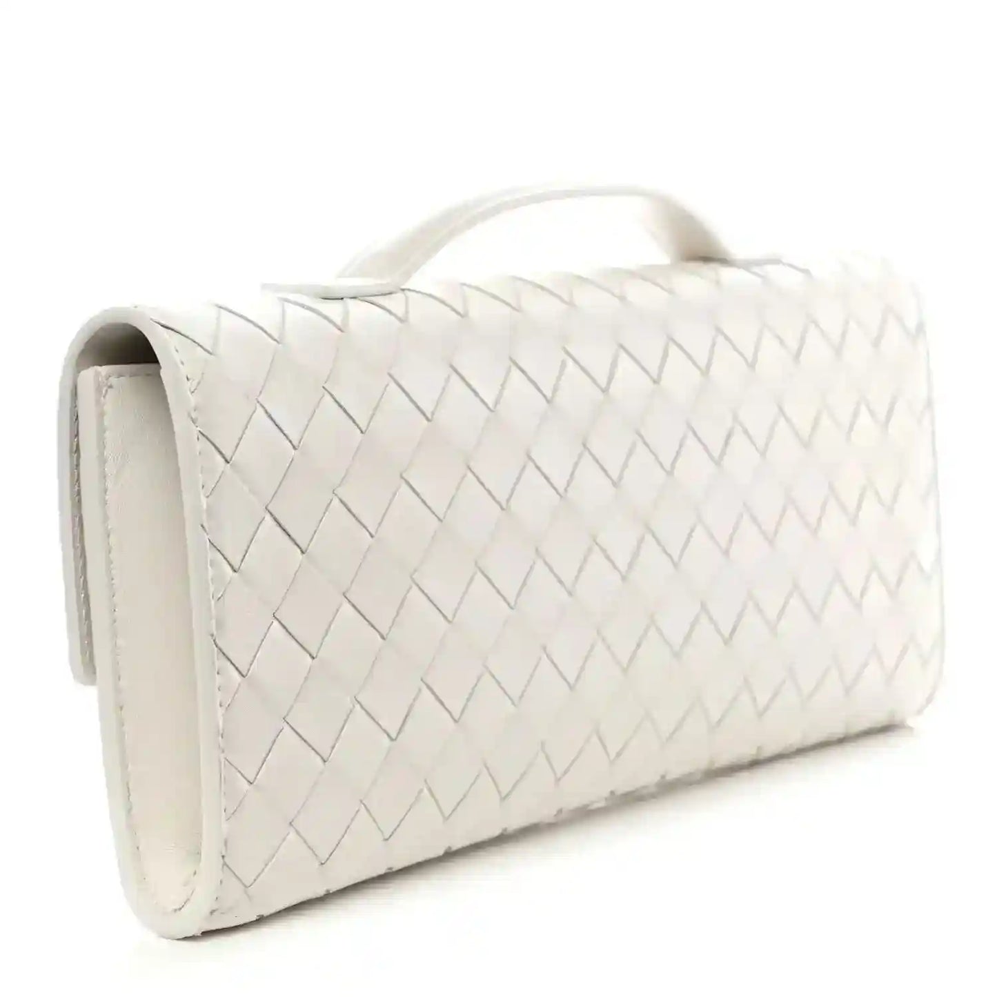 White intrecciato nappa long clutch with side profile and top handle