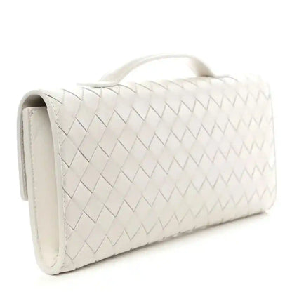 White intrecciato nappa long clutch with side profile and top handle