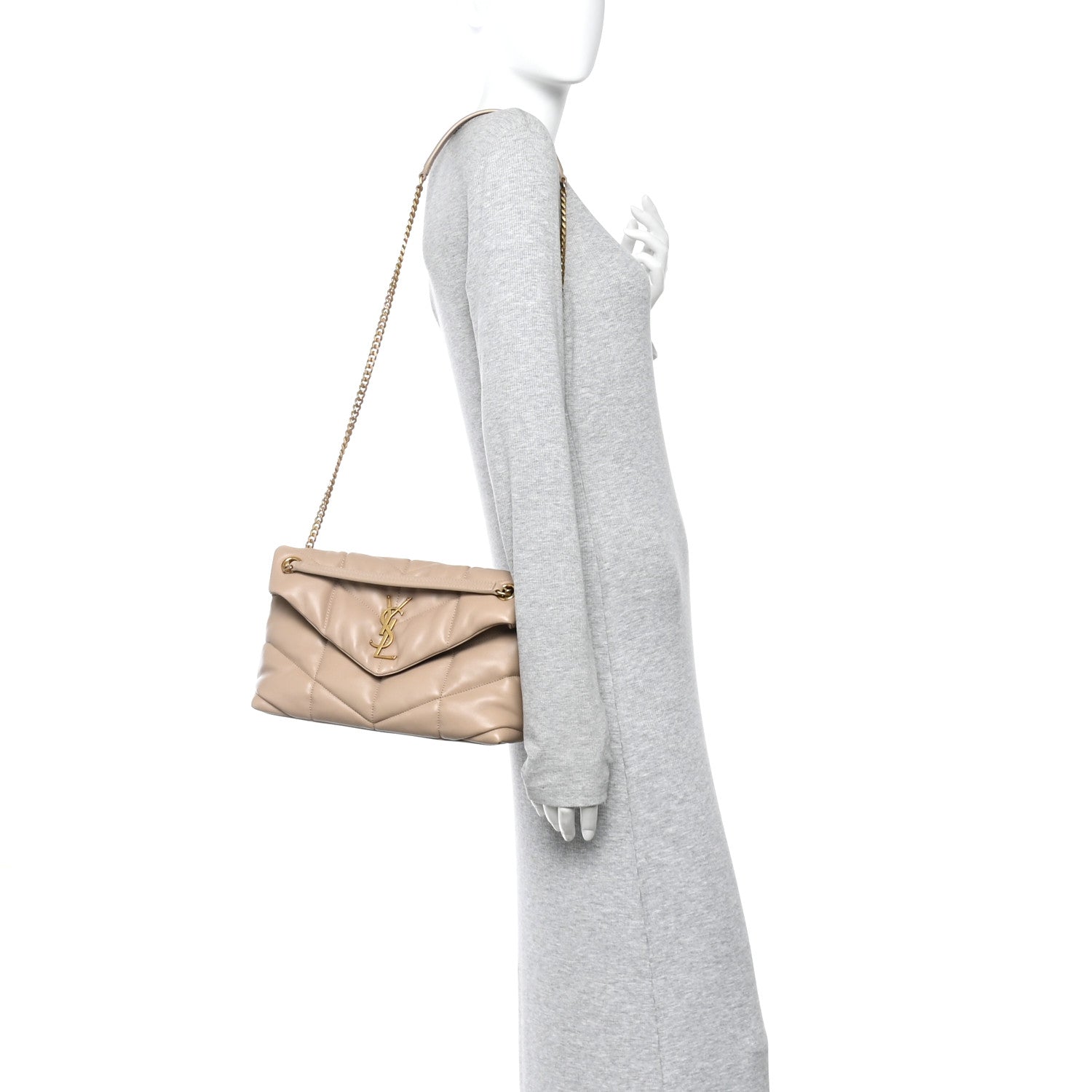 Saint Laurent quilted small Loulou satchel with chain strap, worn crossbody, dark beige