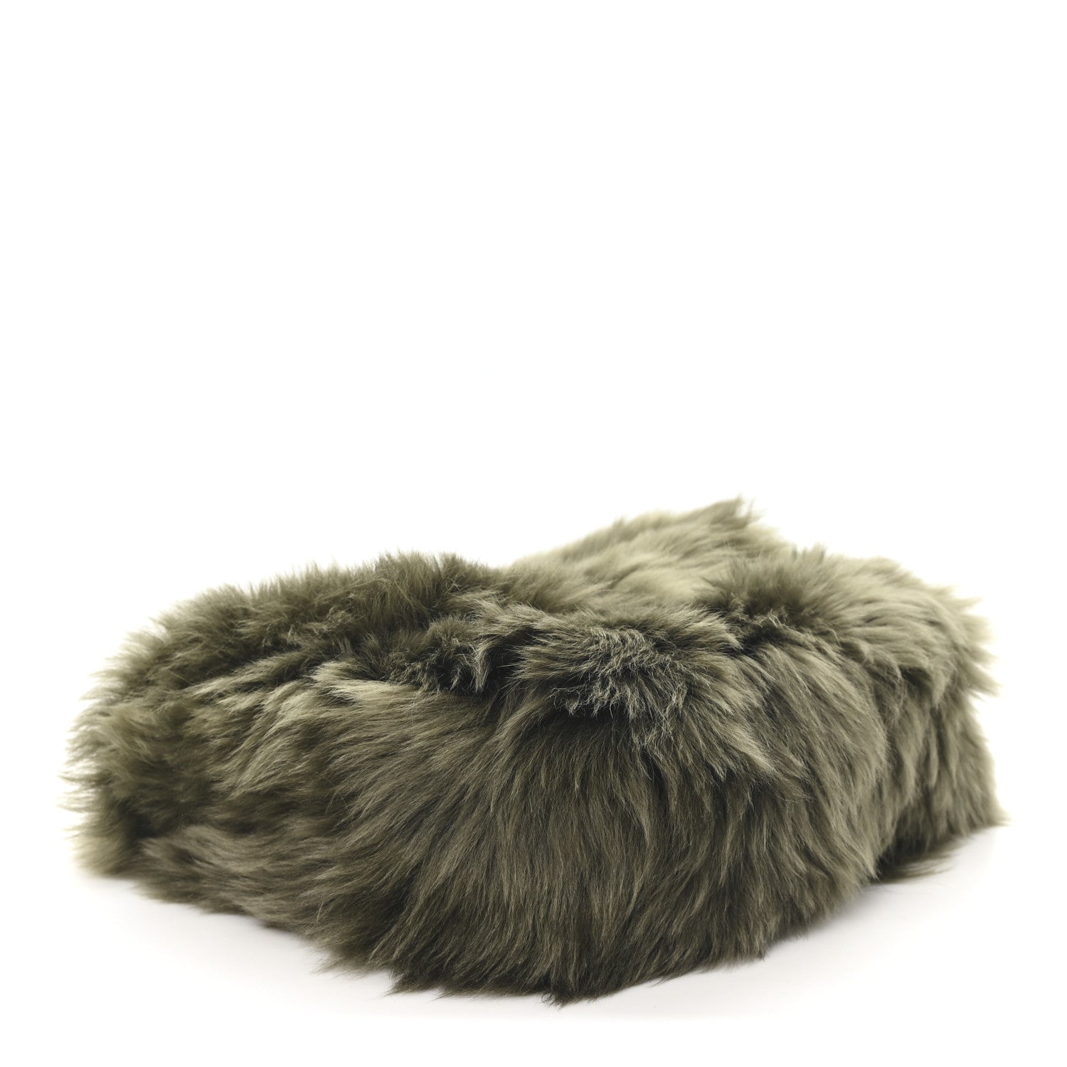 Dark olive shearling shoulder bag with long pile texture and slim black edge trim