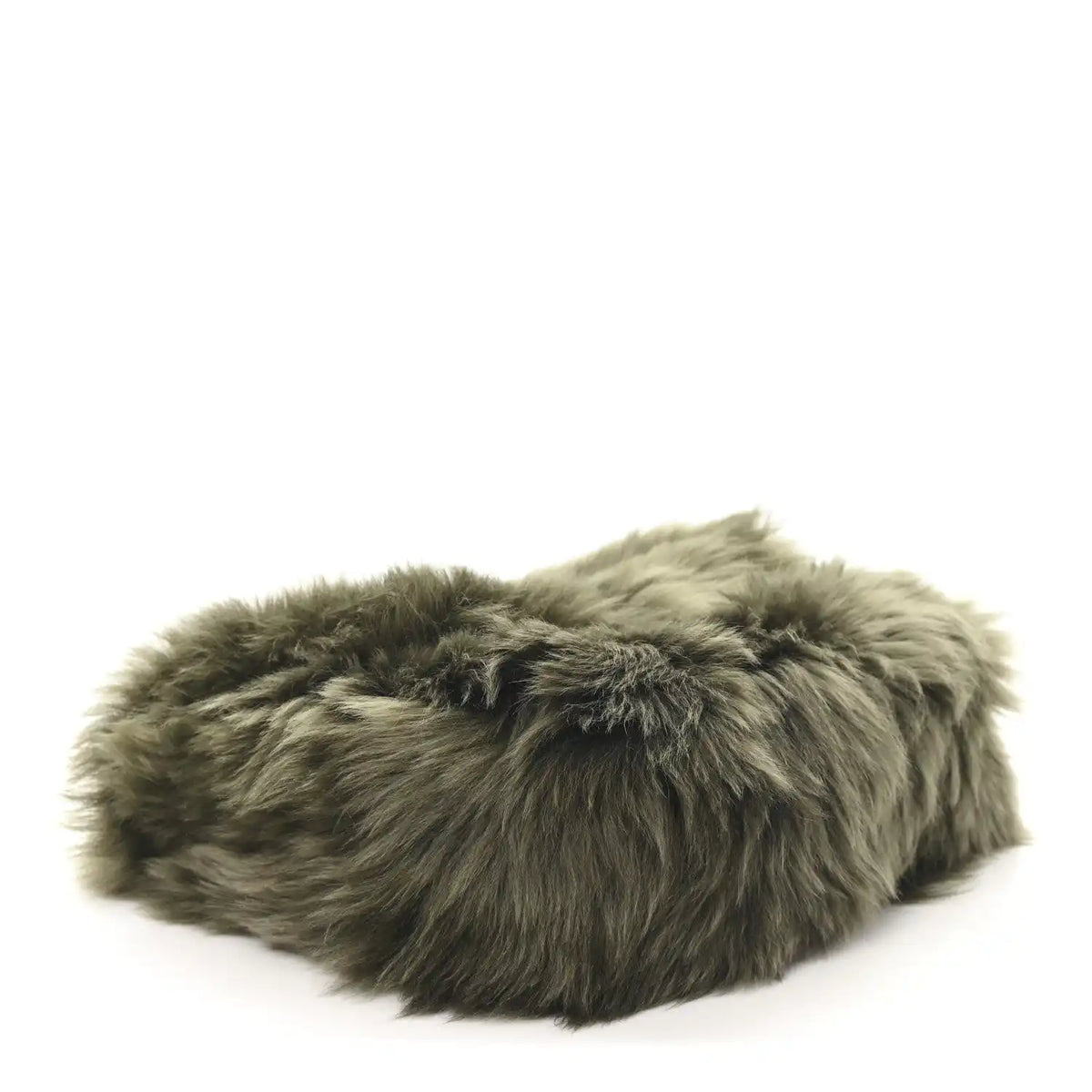 Dark olive shearling shoulder bag with long pile texture and slim black edge trim