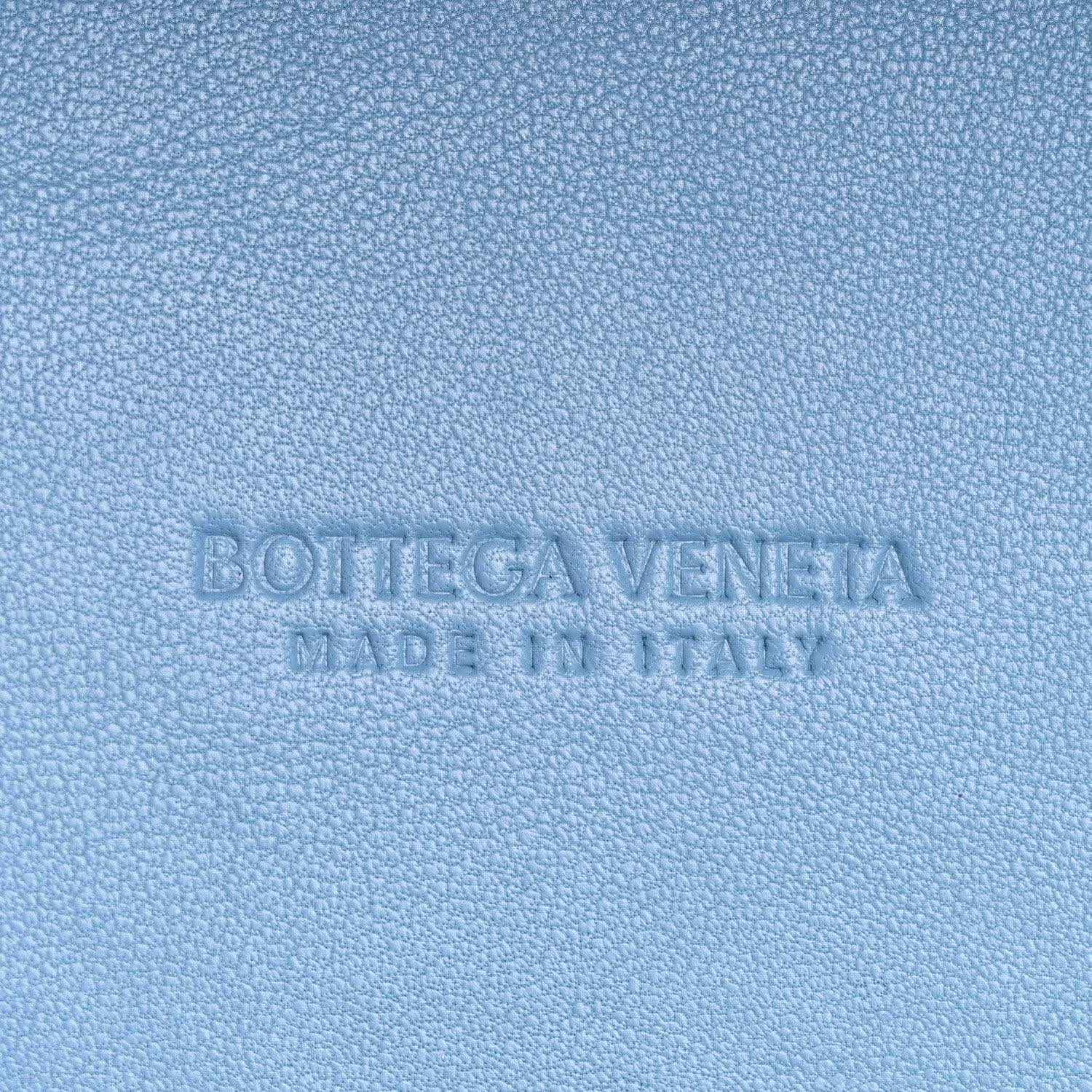 Blue leather Bottega Veneta made in Italy stamp on woven mini cabat tote