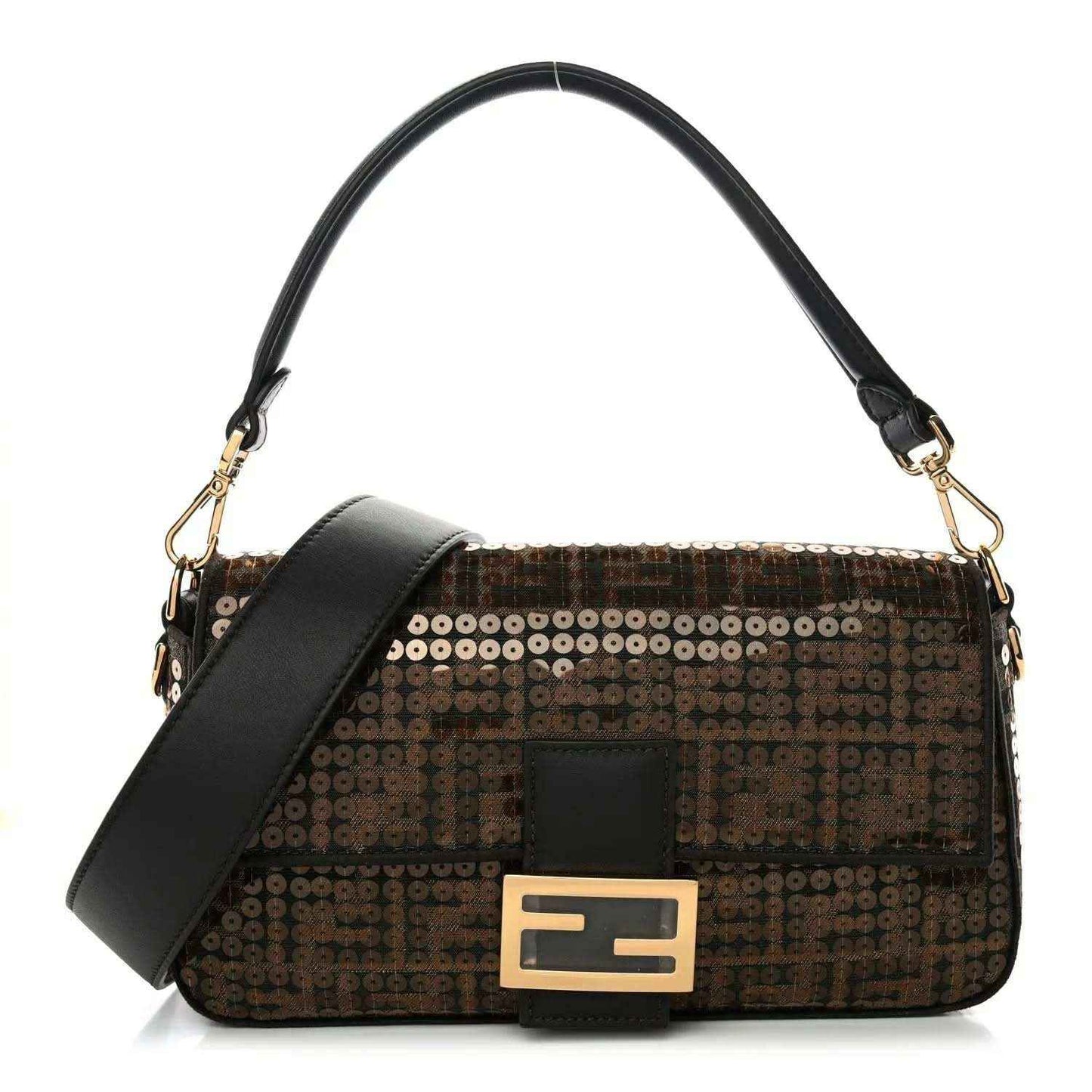 Fendi baguette bag in brown jacquard with gold-tone FF sequin and black leather strap