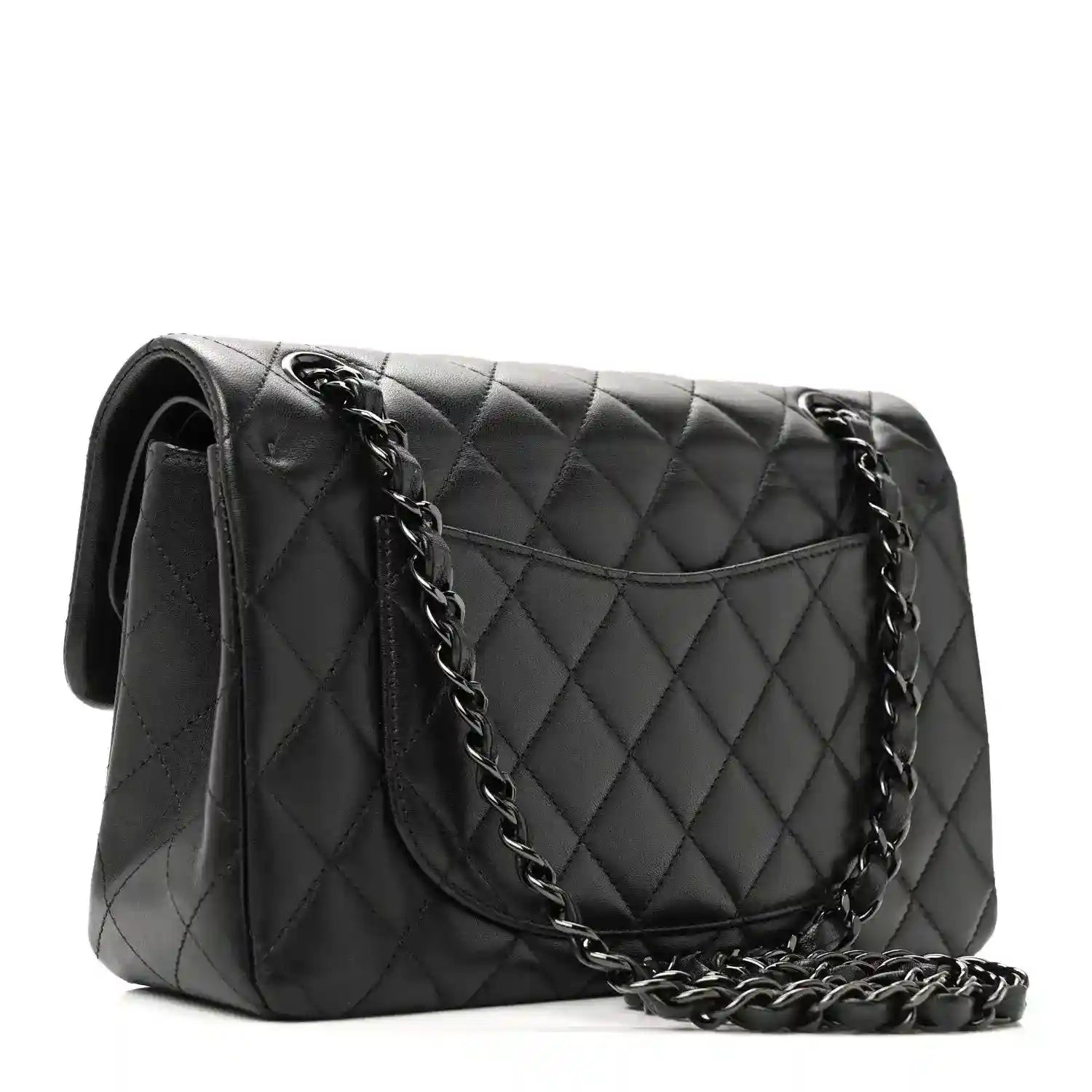 Quilted flap bag with chain strap, dark black leather and stitched diamond pattern