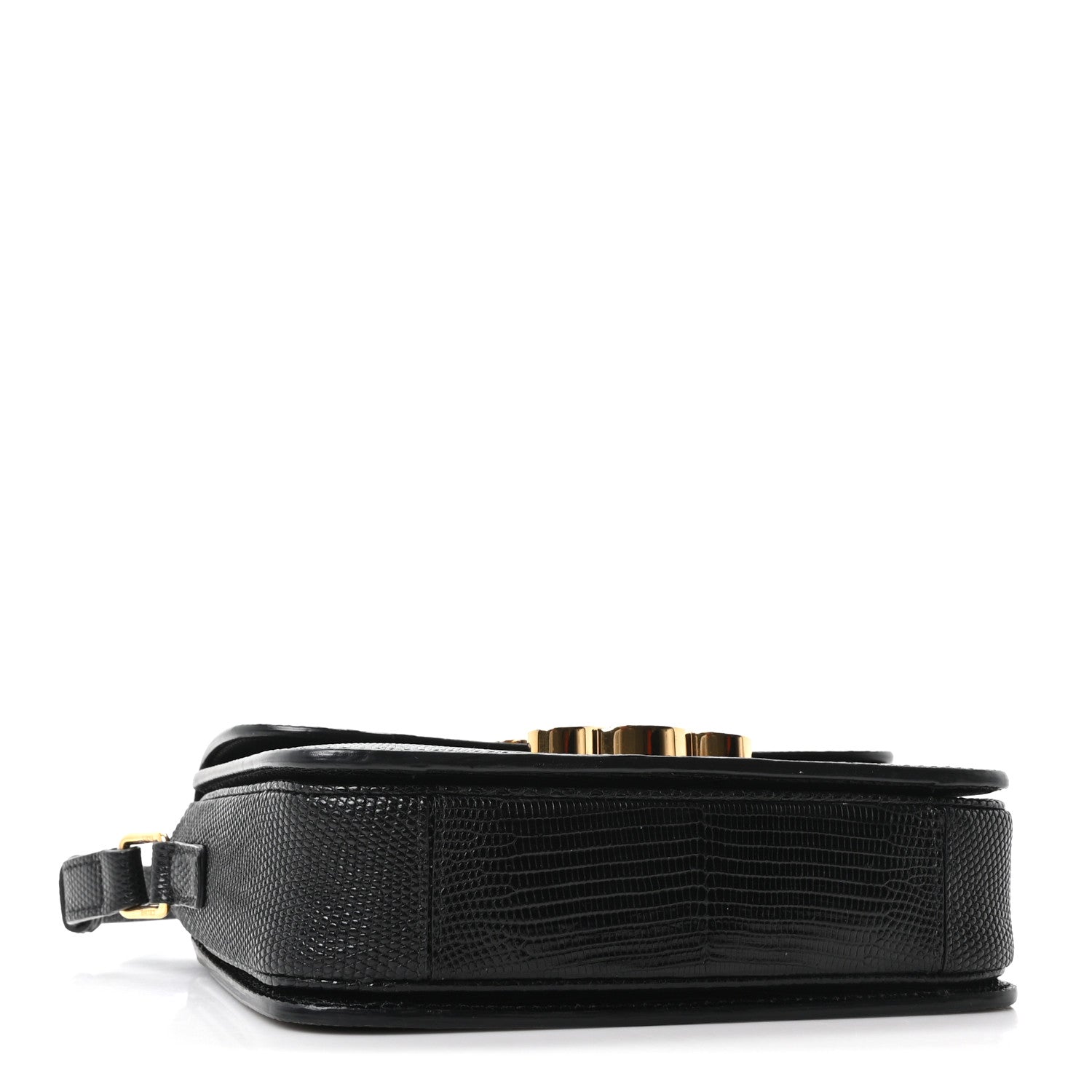 Black lizard-embossed flap bag base with gold-tone hardware and strap attachment