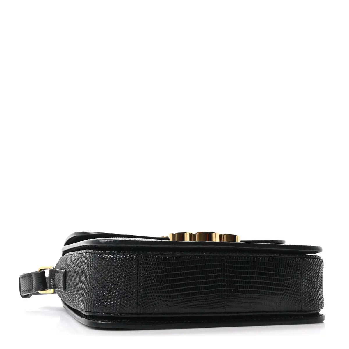 Black lizard-embossed flap bag base with gold-tone hardware and strap attachment