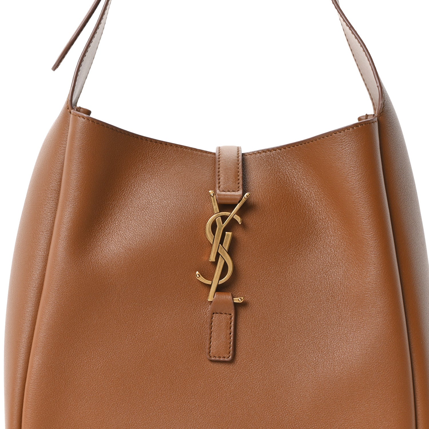 Tan hobo bag front with gold YSL logo and leather handle attachments