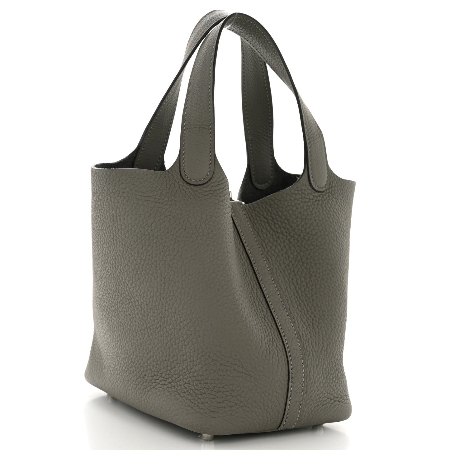 Leather bucket bag side view with curved handles and center zip, dark green