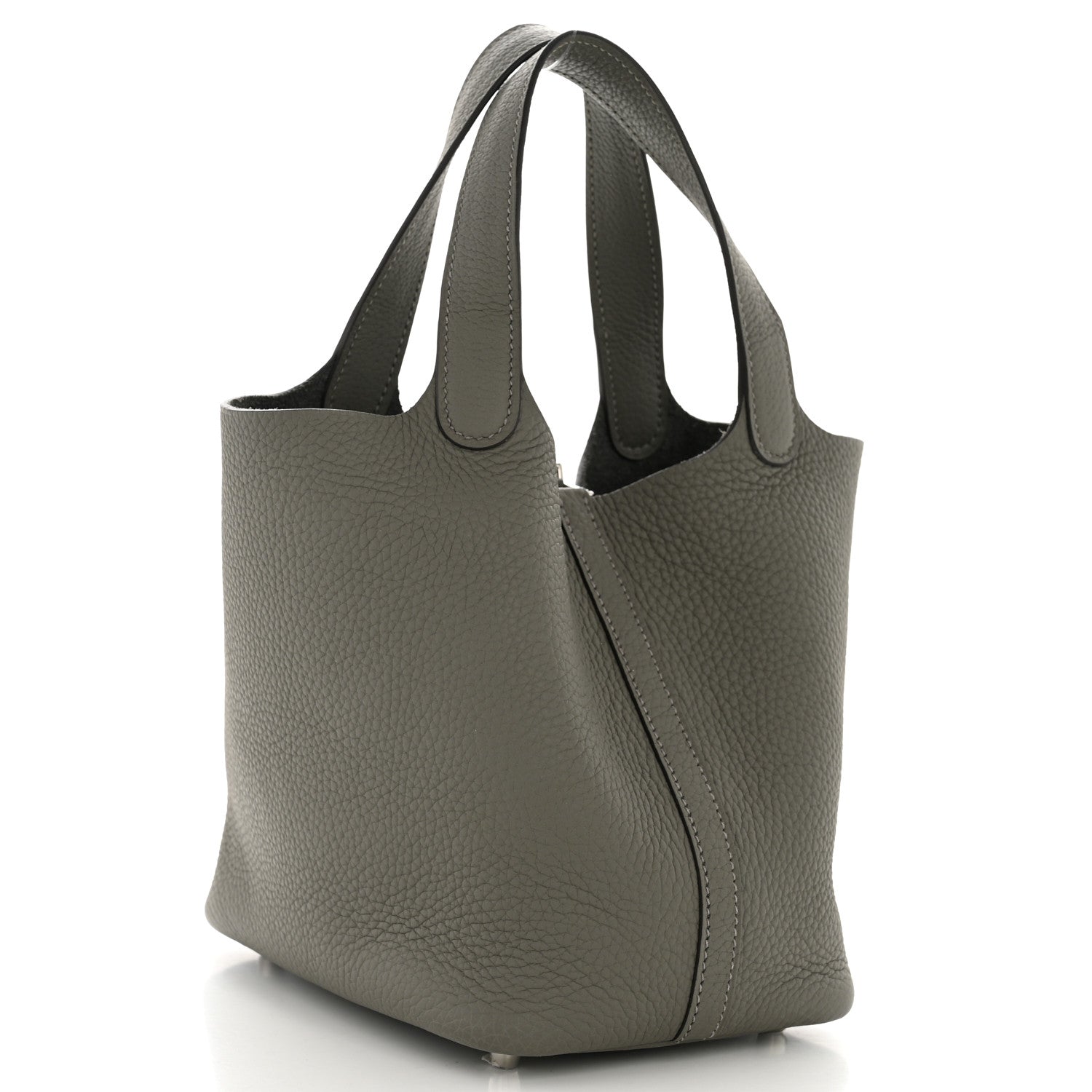 Leather bucket bag side view with curved handles and center zip, dark green