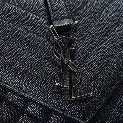 Black textured leather satchel front with metal YSL monogram hardware