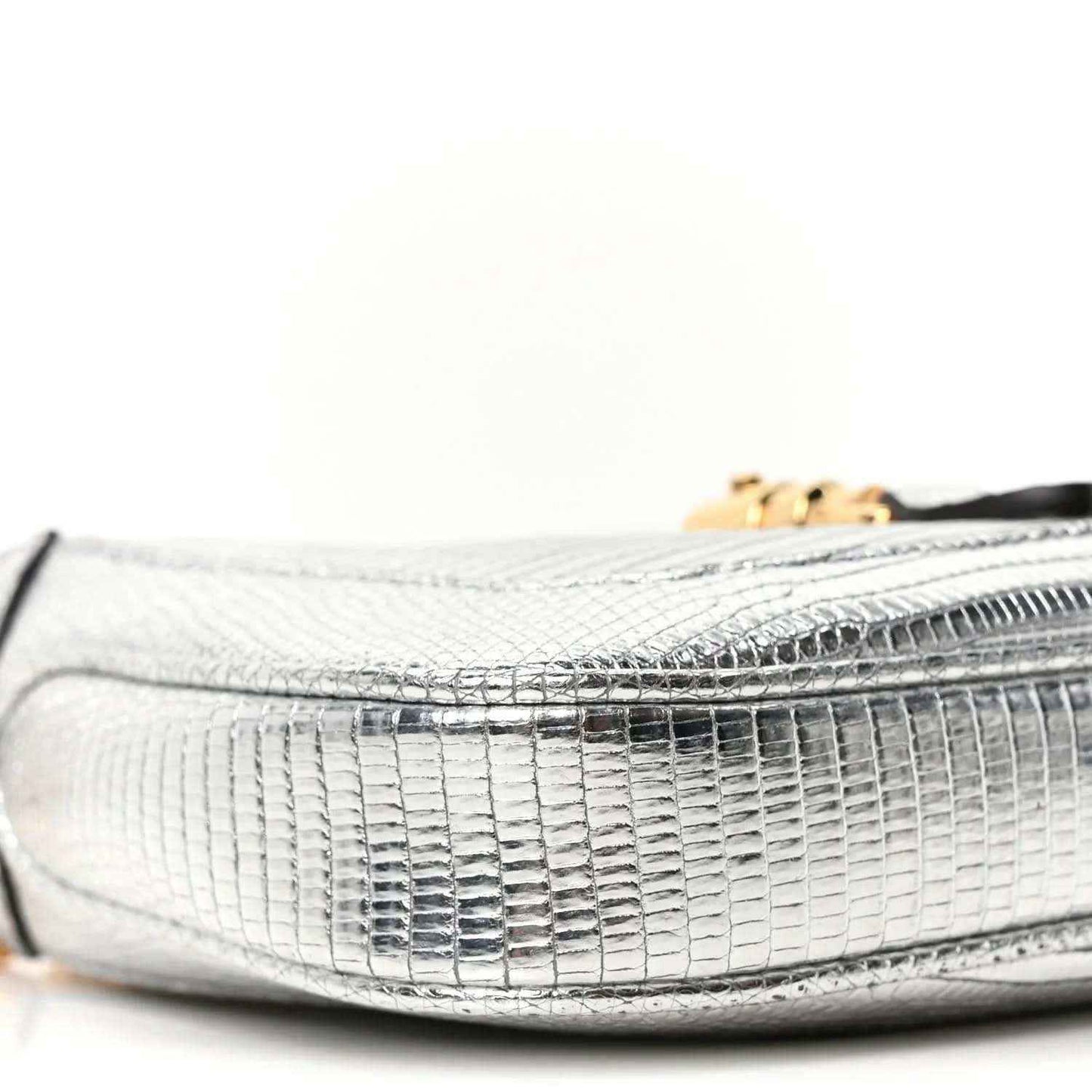 Silver lizard-effect mini shoulder bag side with curved edge and stitched trim