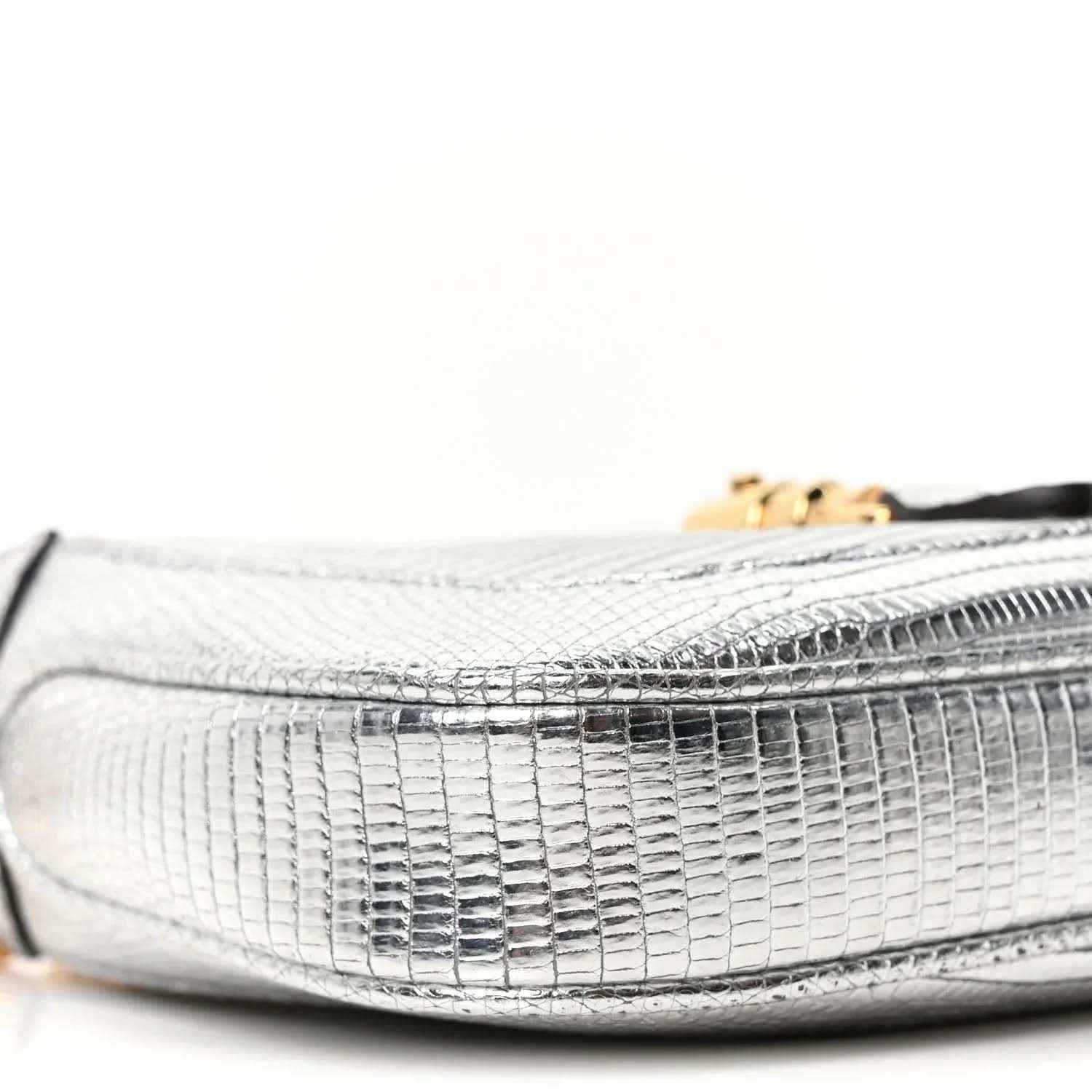Silver lizard-effect mini shoulder bag side with curved edge and stitched trim