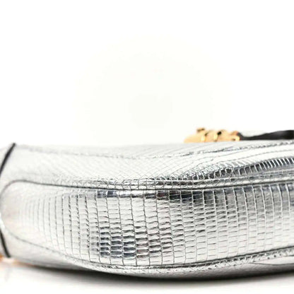 Silver lizard-effect mini shoulder bag side with curved edge and stitched trim