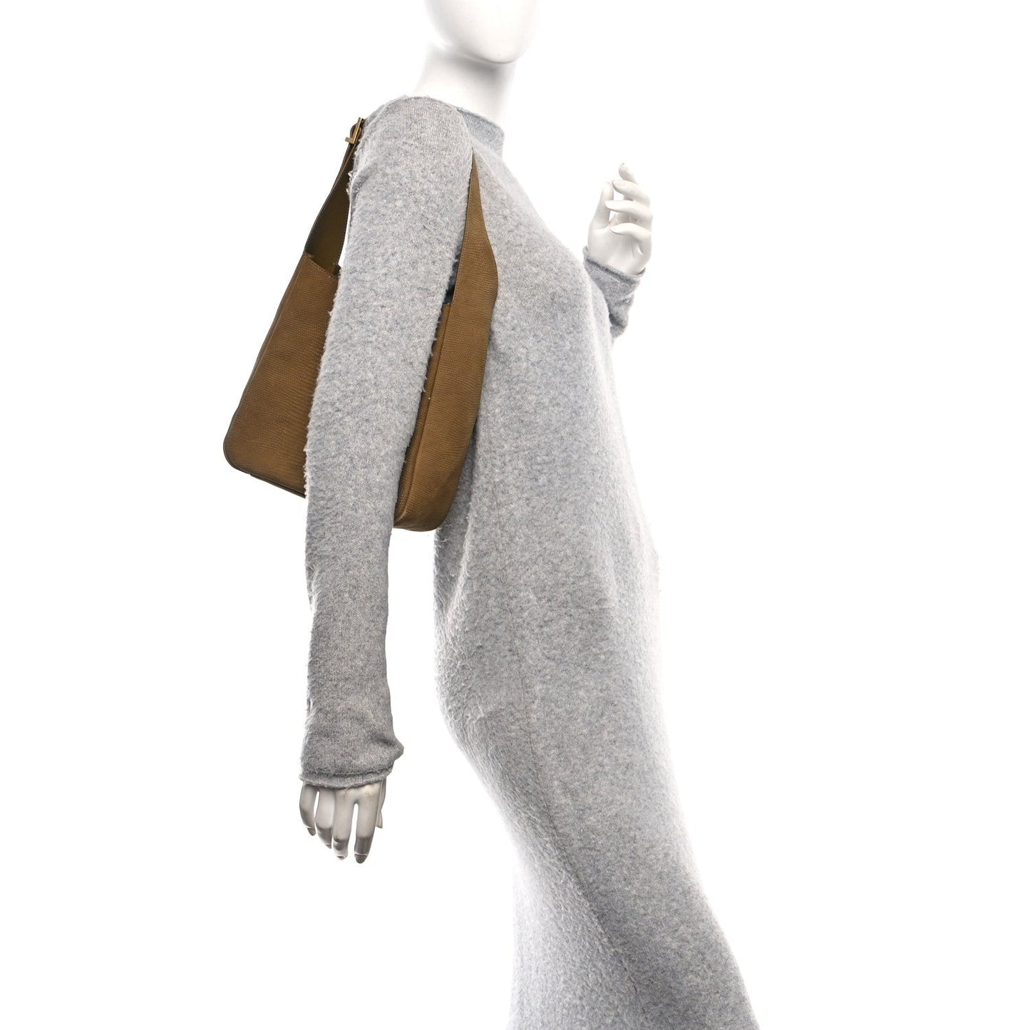 Small hobo bag worn on shoulder with structured top and lizard-embossed texture