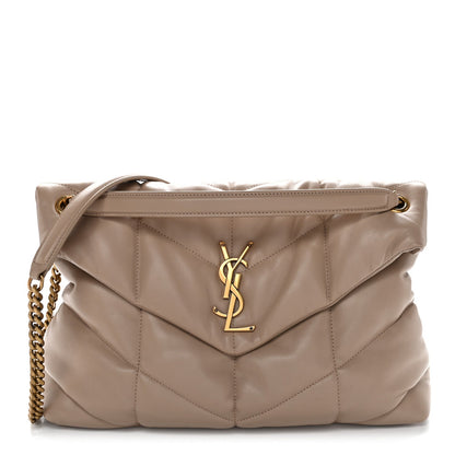 Dark beige puffer quilted lambskin satchel with chain strap and YSL logo front