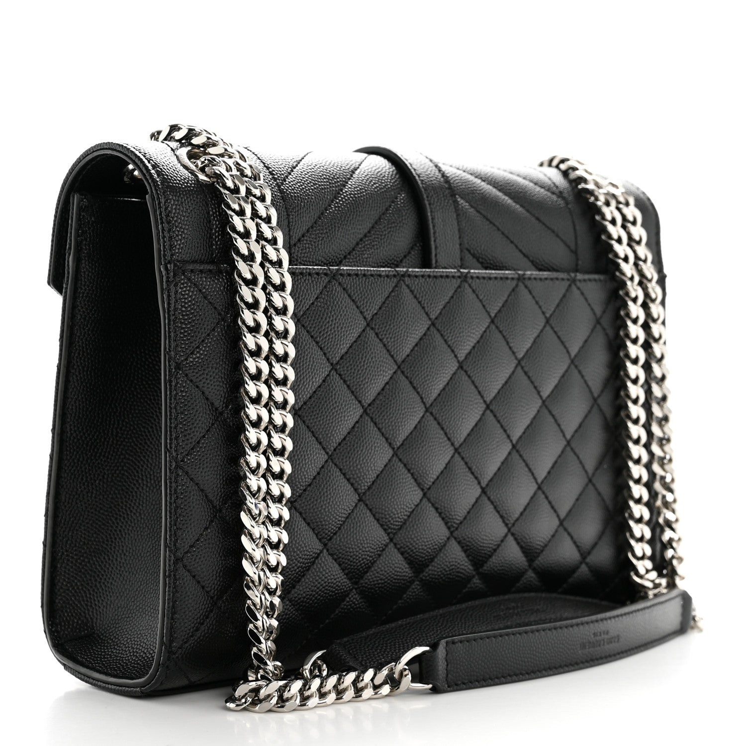 Black quilted medium satchel with chain strap and front flap, angled side view