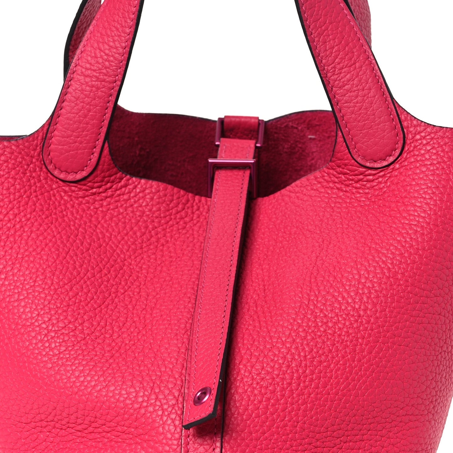 Rose pink textured leather bucket tote with front strap buckle