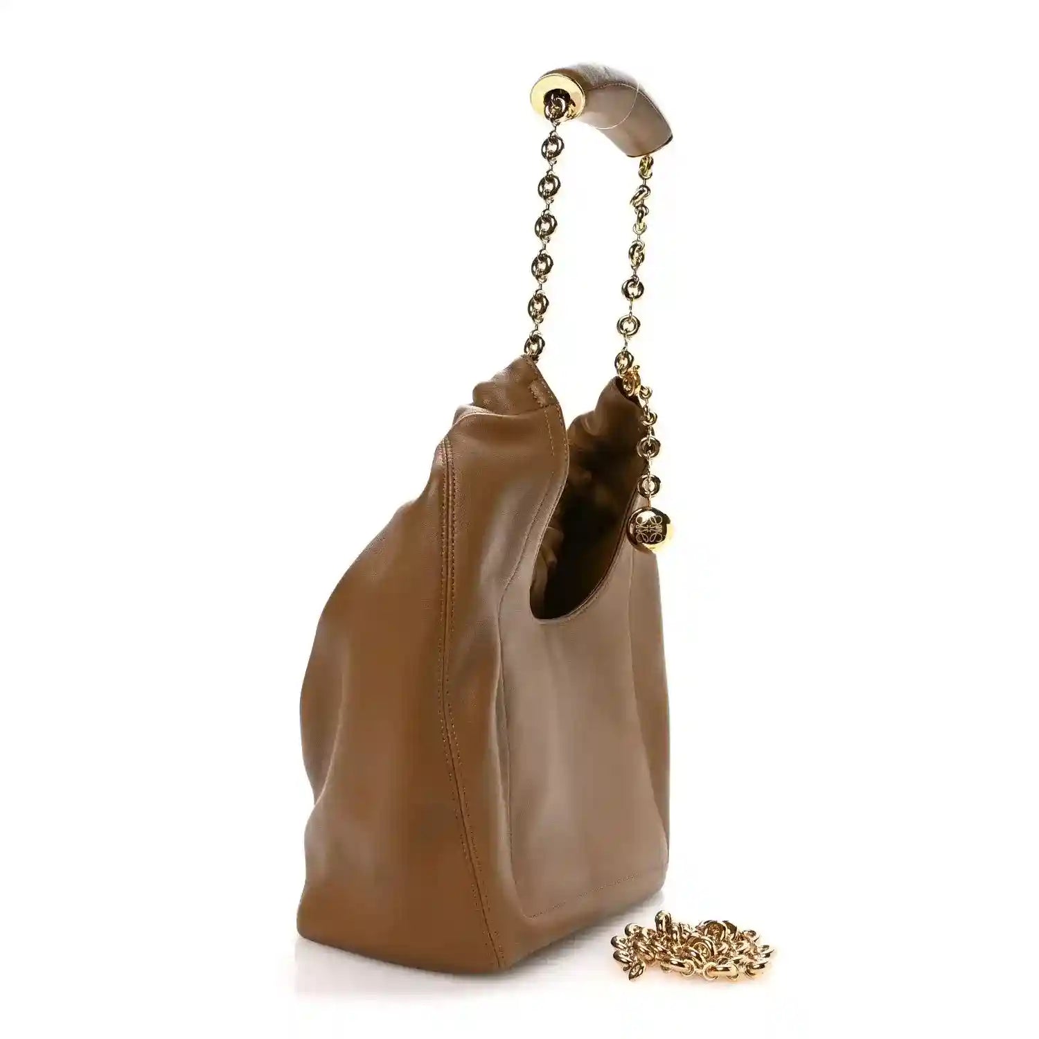 Loewe nappa small squeeze bag in oak-brown leather with long chain handles