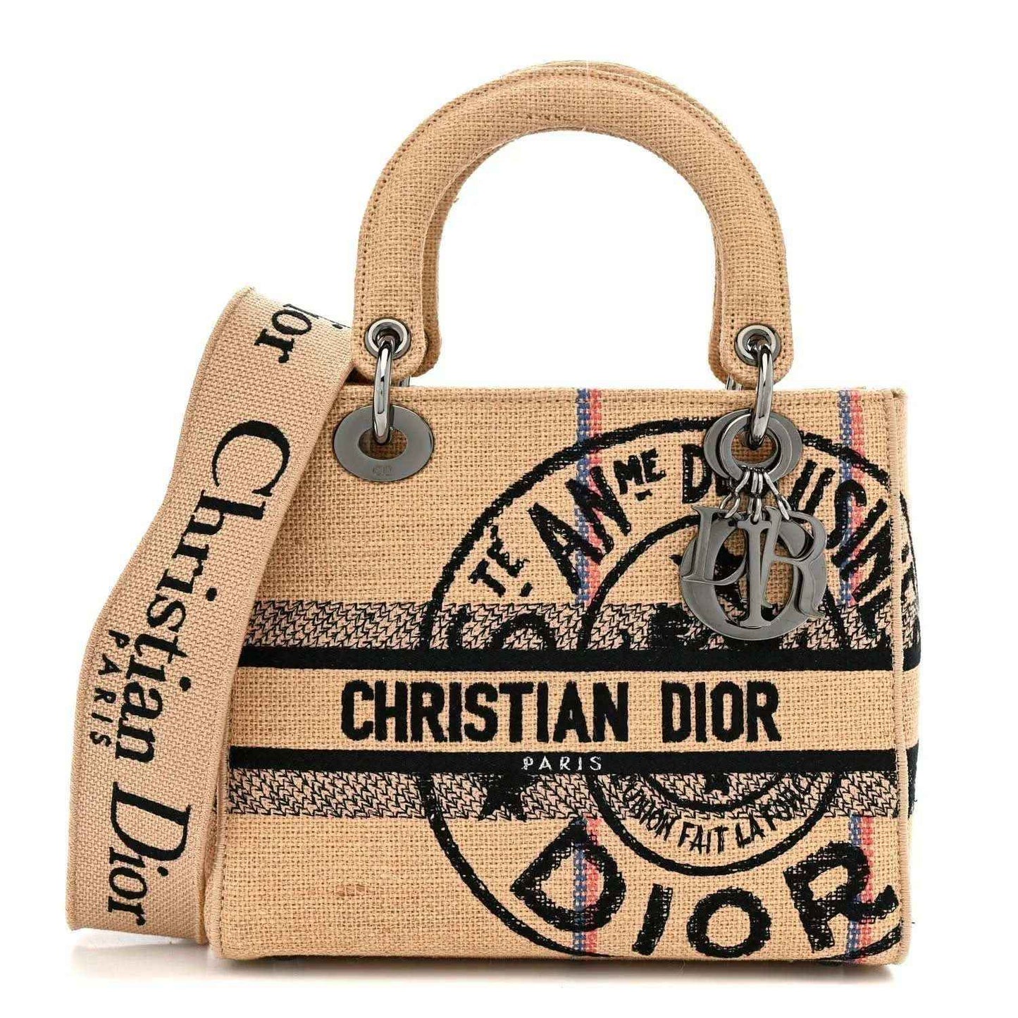 Beige embroidered canvas jute tote bag with top handles and logo print panel