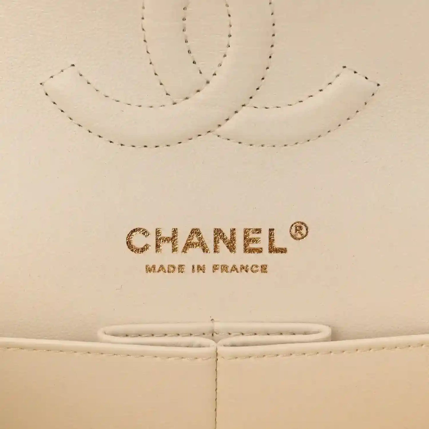 CHANEL white leather double flap bag logo on stitched panel