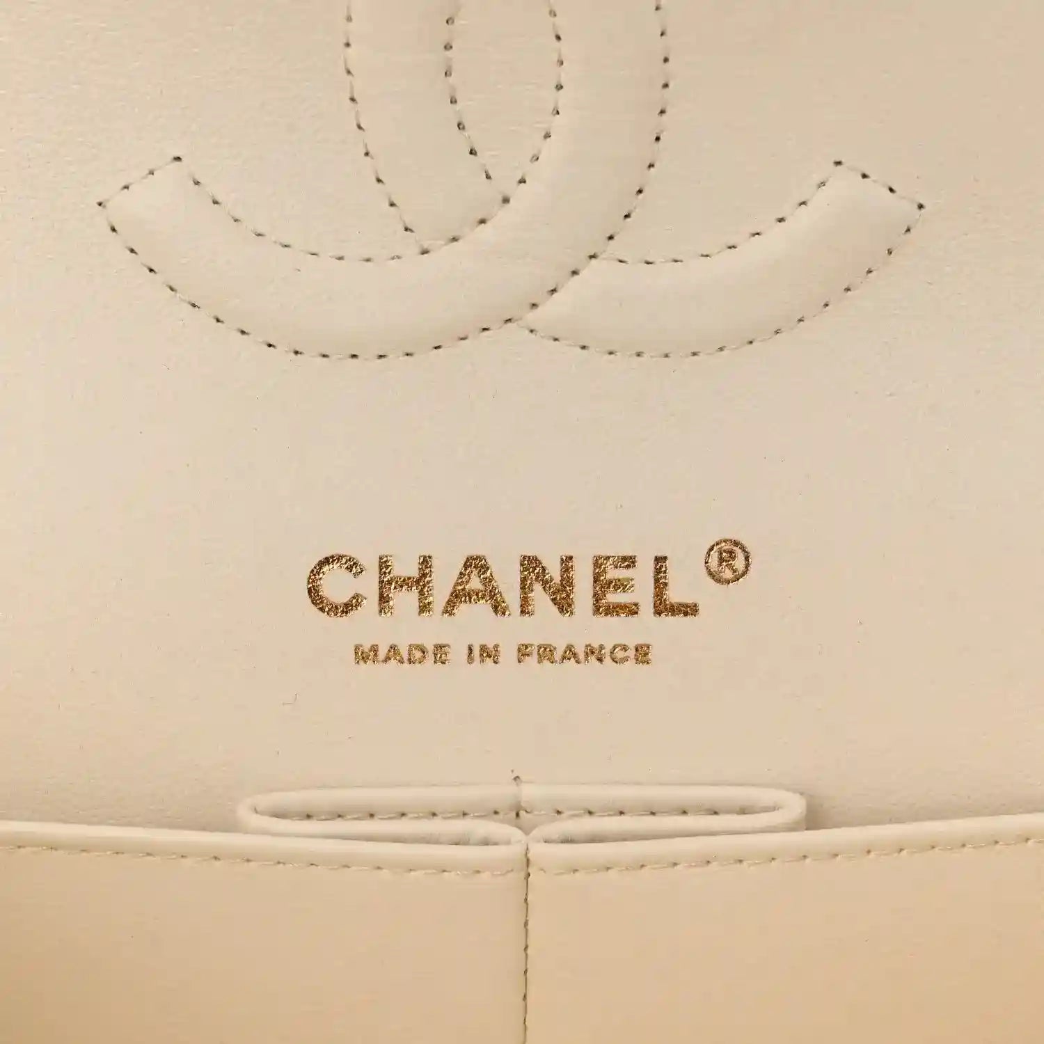 CHANEL white leather double flap bag logo on stitched panel