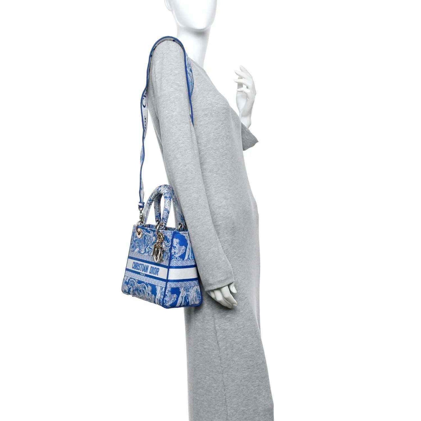Christian Dior medium tote bag, blue and white toile print, shown in side view with handles