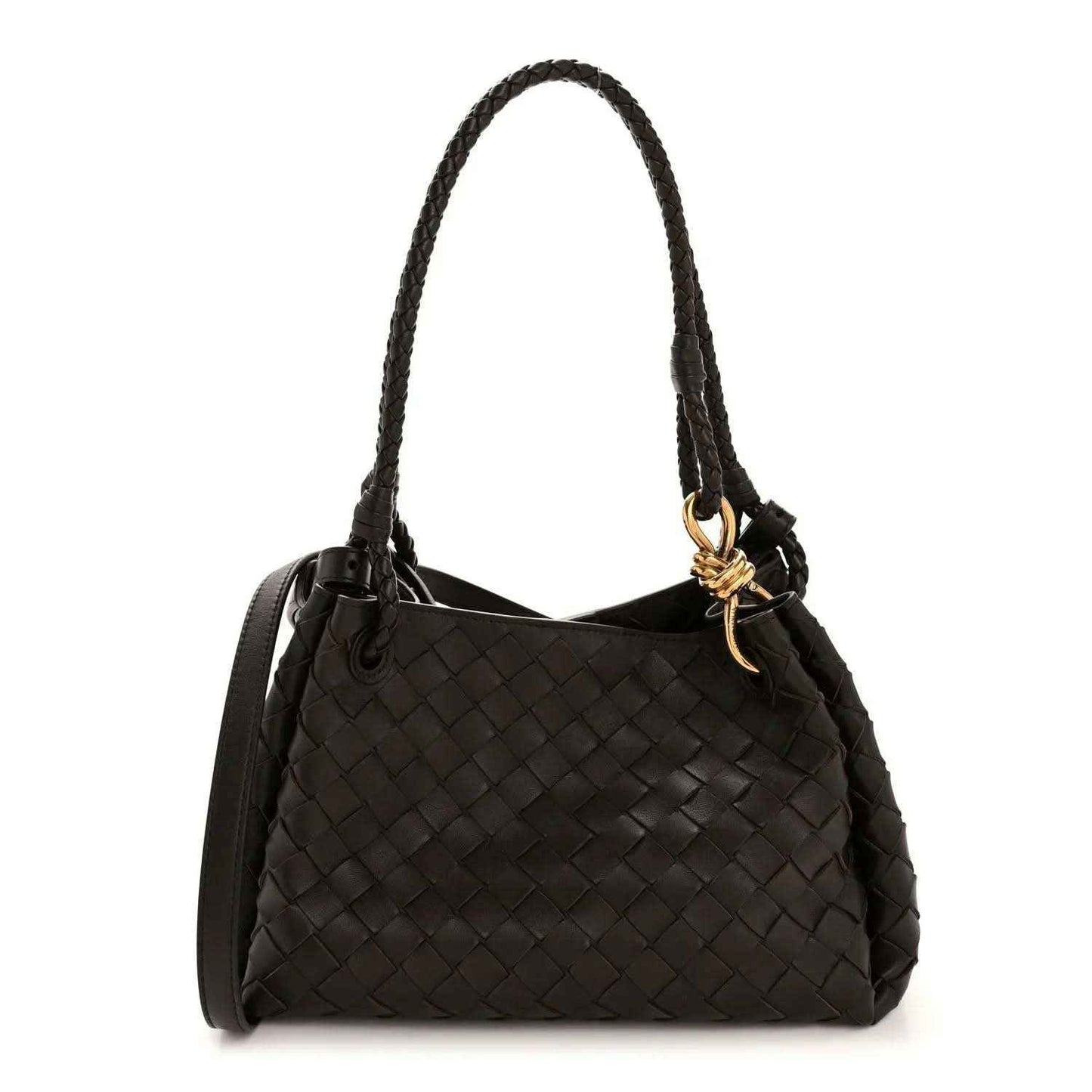 Black intrecciato nappa shoulder bag with top handles and gold hardware