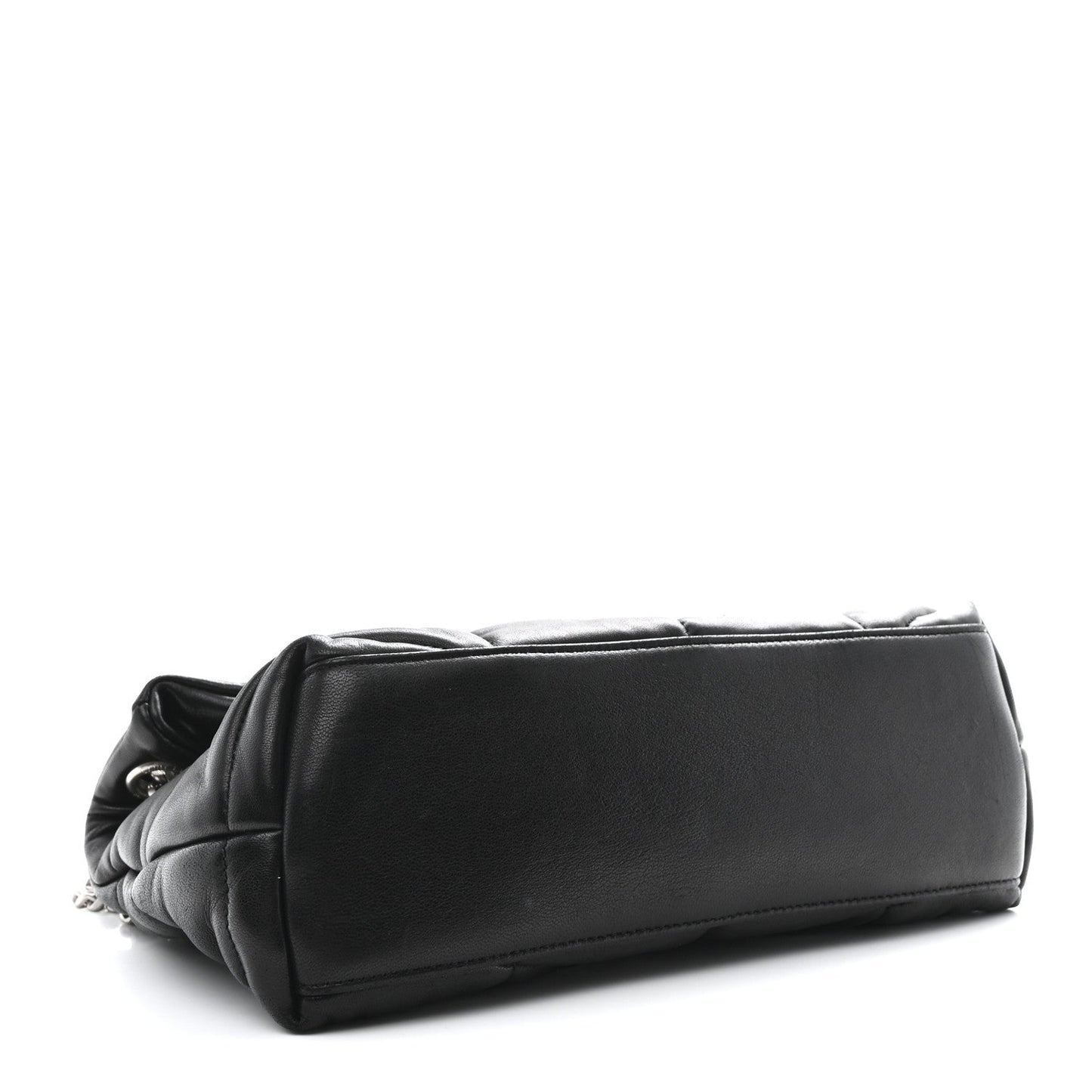 Black quilted lambskin puffer small satchel side view with smooth flap and rounded base.