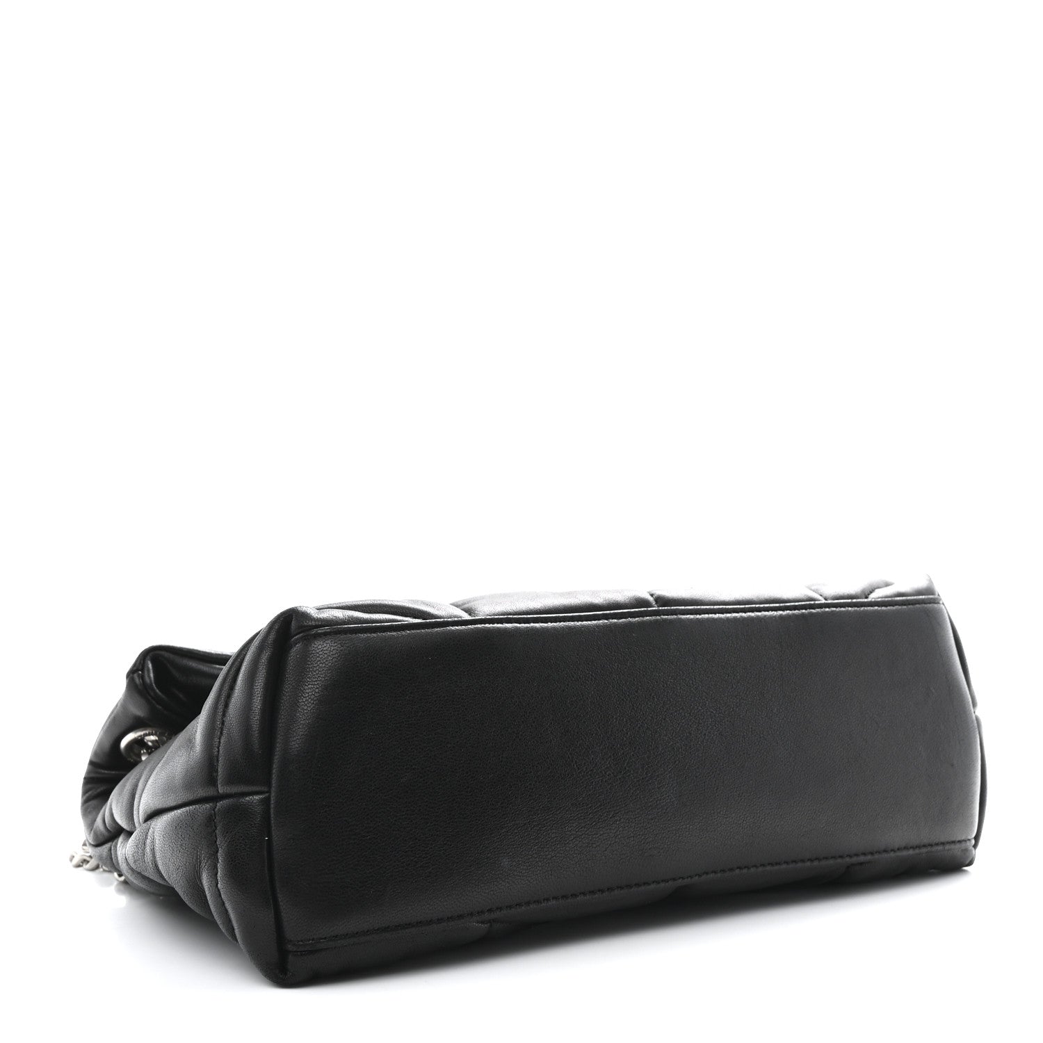 Black quilted lambskin puffer small satchel side view with smooth flap and rounded base.