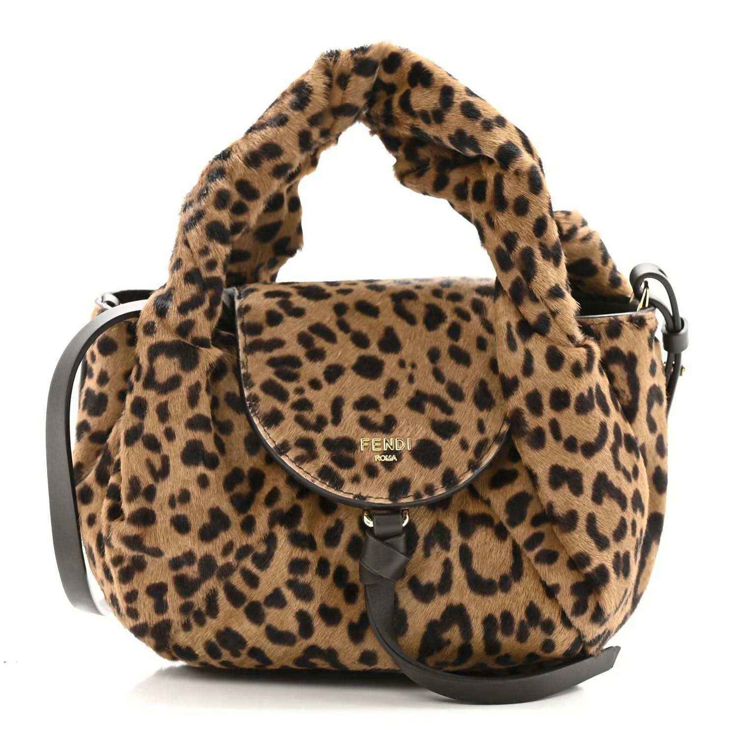 Leopard-print mini spy bag with top handle, curved flap, and black shoulder strap.