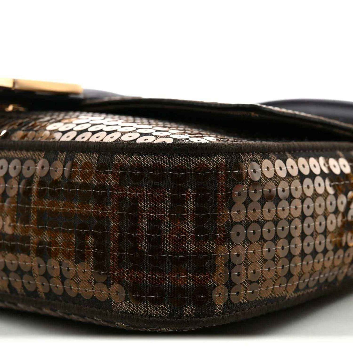 Fendi baguette bag side panel close-up with brown sequin jacquard and black trim