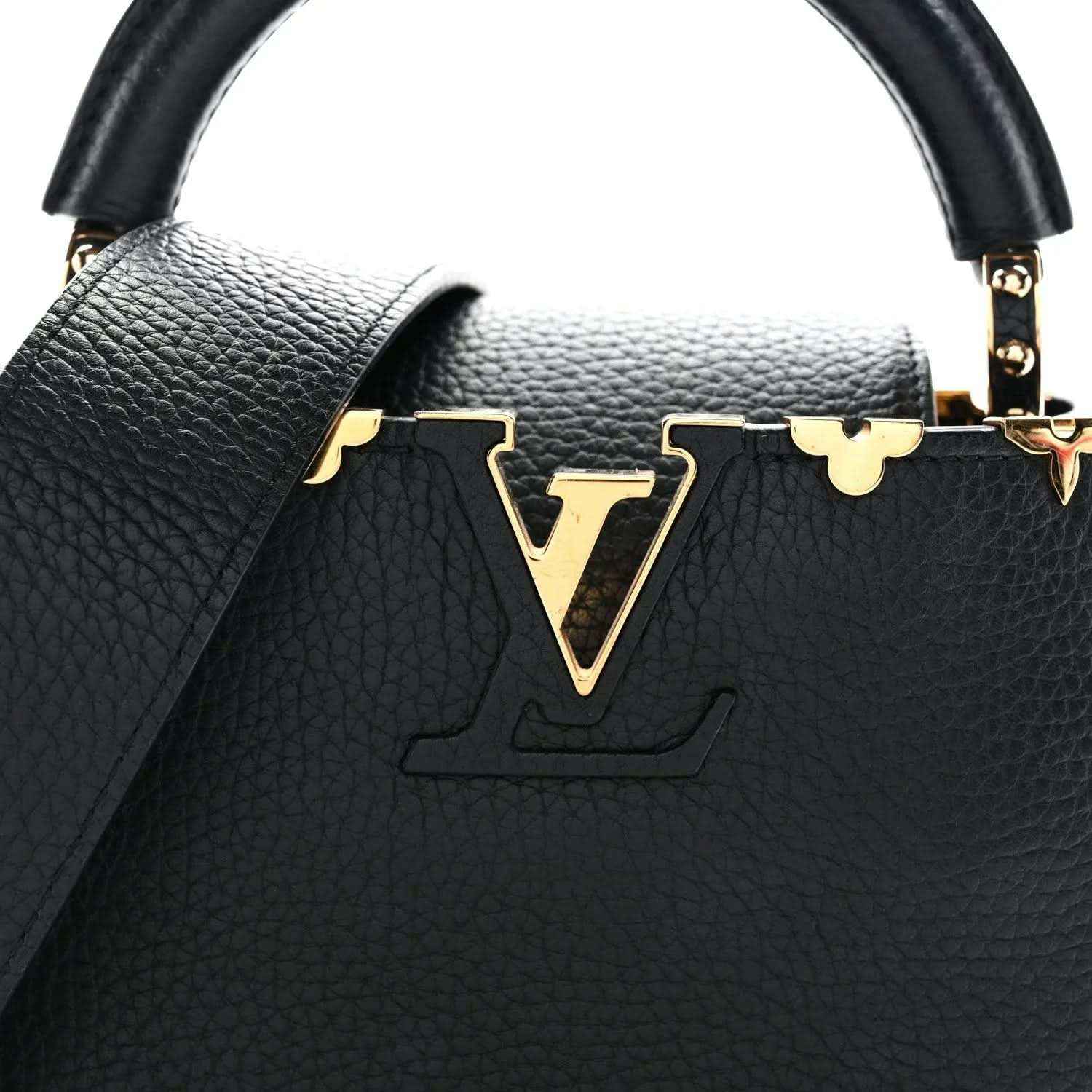 Black mini handbag with gold LV emblem and decorative gold hardware