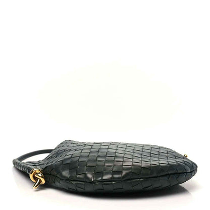 Woven dark green leather hobo bag with gold-tone zipper pull ring