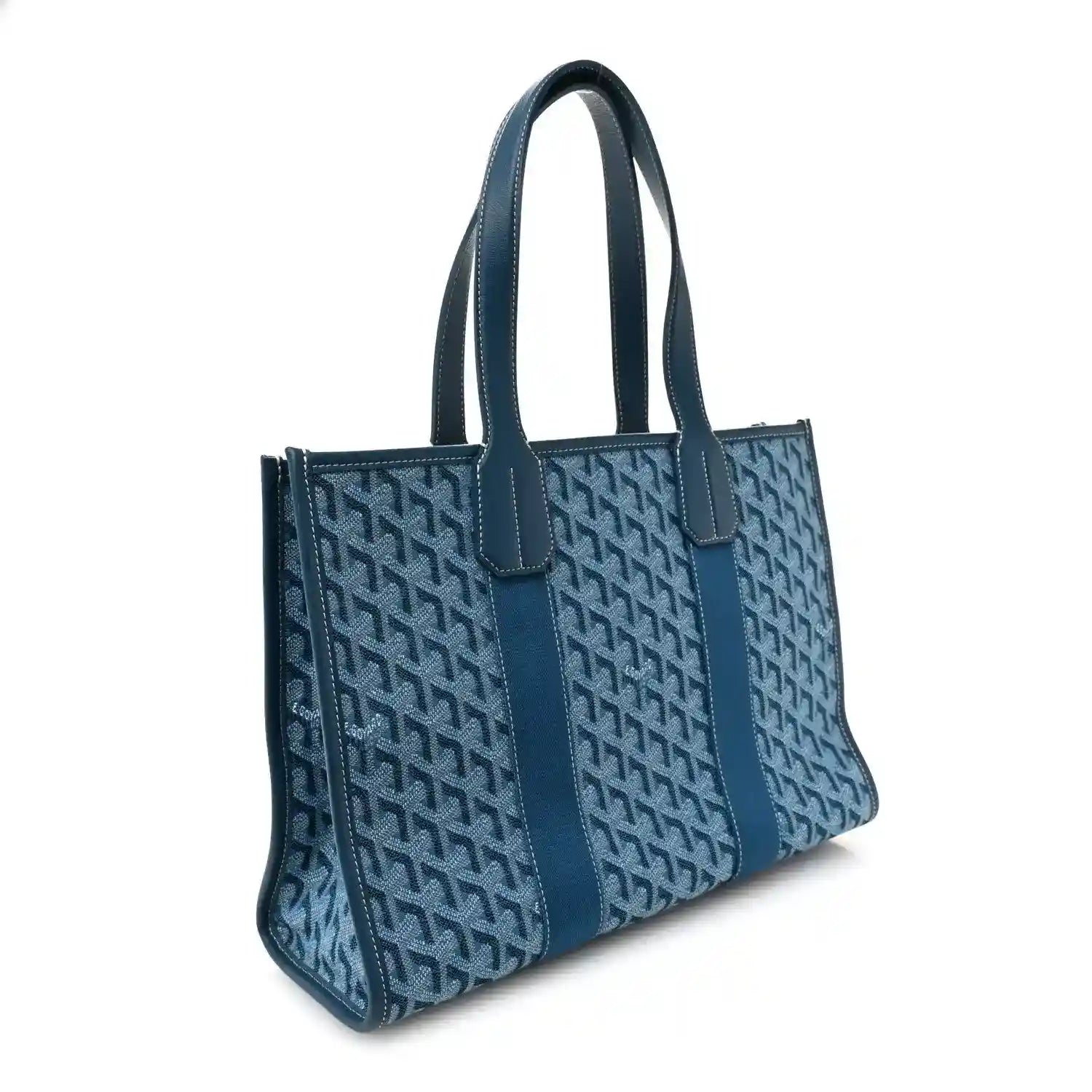 Ocean blue Villette PM tote bag with Goyardine pattern, dual handles, and structured shape.