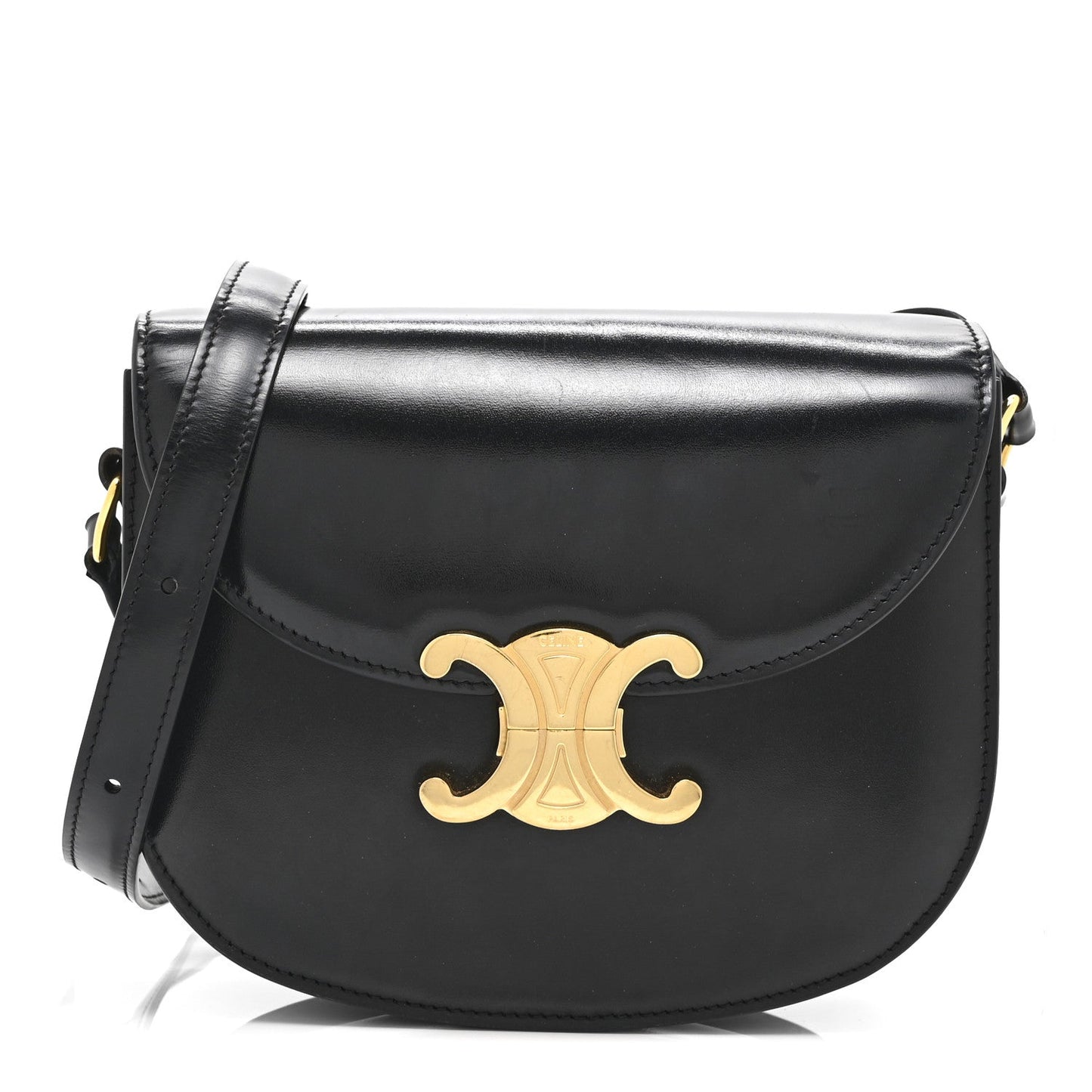 Black shiny calfskin flap crossbody bag with gold Triomphe emblem and shoulder strap