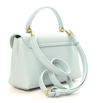 Light blue leather handbag with adjustable shoulder strap and front flap