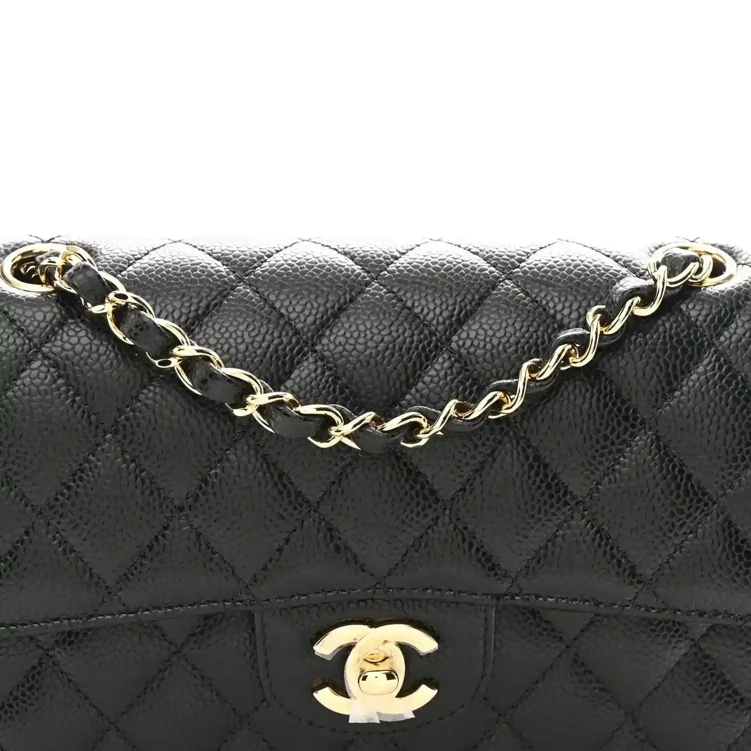 Chanel caviar quilted small double flap bag, black leather with gold CC logo and chain