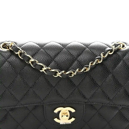 Chanel caviar quilted small double flap bag, black leather with gold CC logo and chain
