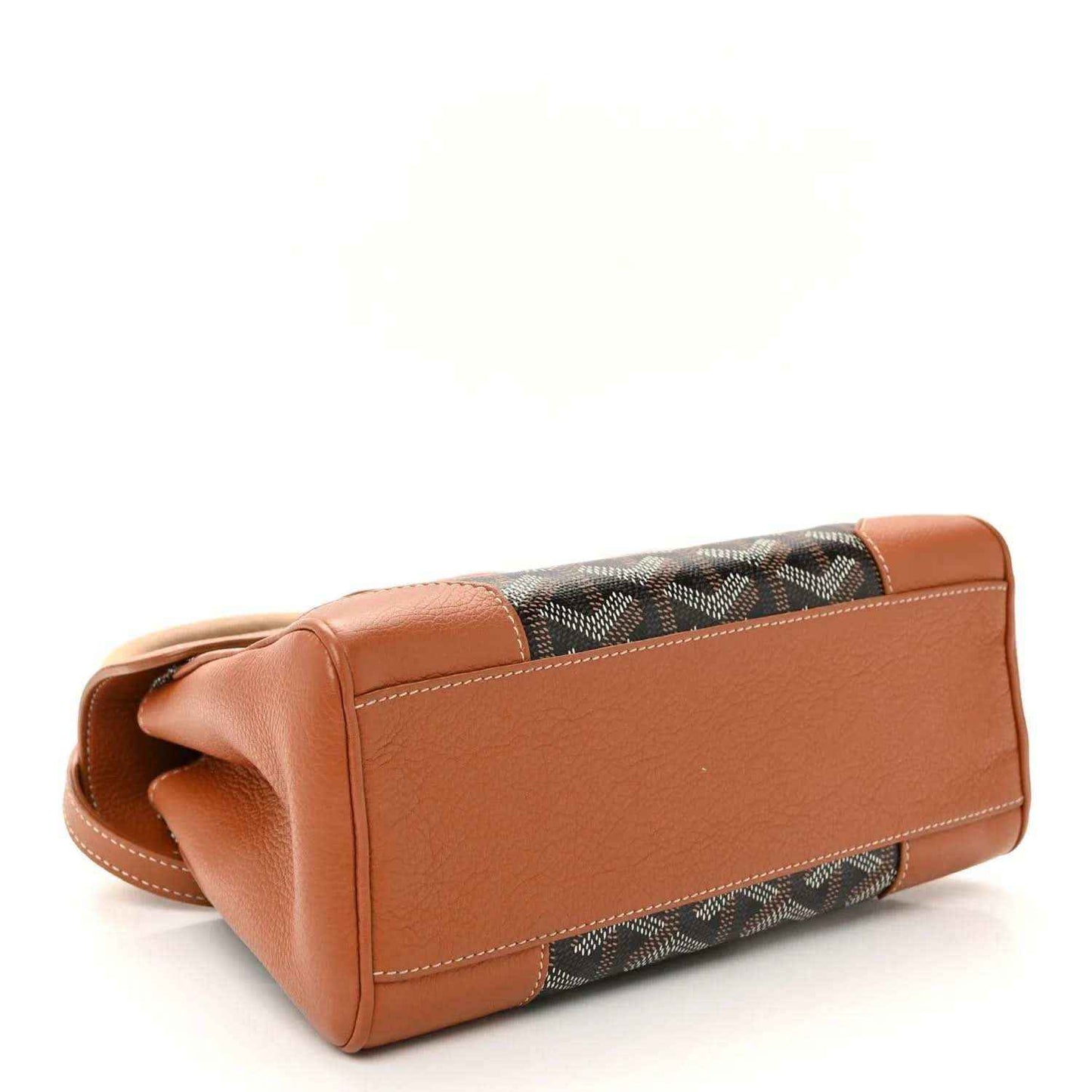 Mini Saigon bag corner view, brown leather sides and trim with patterned canvas base