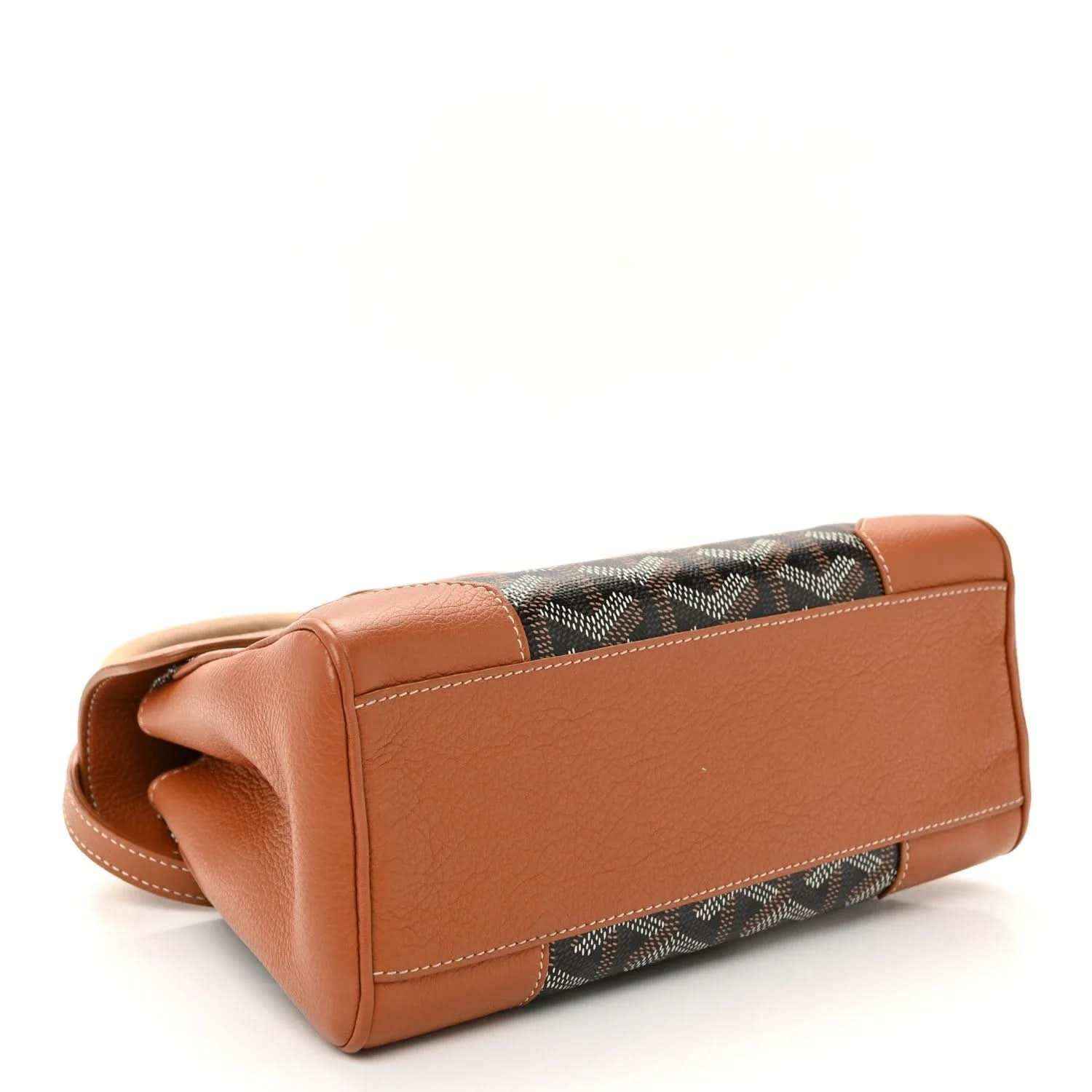 Mini Saigon bag corner view, brown leather sides and trim with patterned canvas base