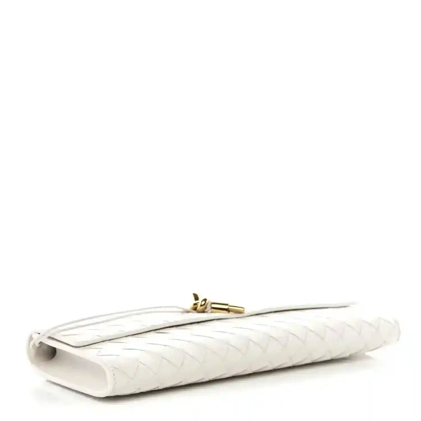 White nappa clutch with gold-tone clasp and woven texture on folded base