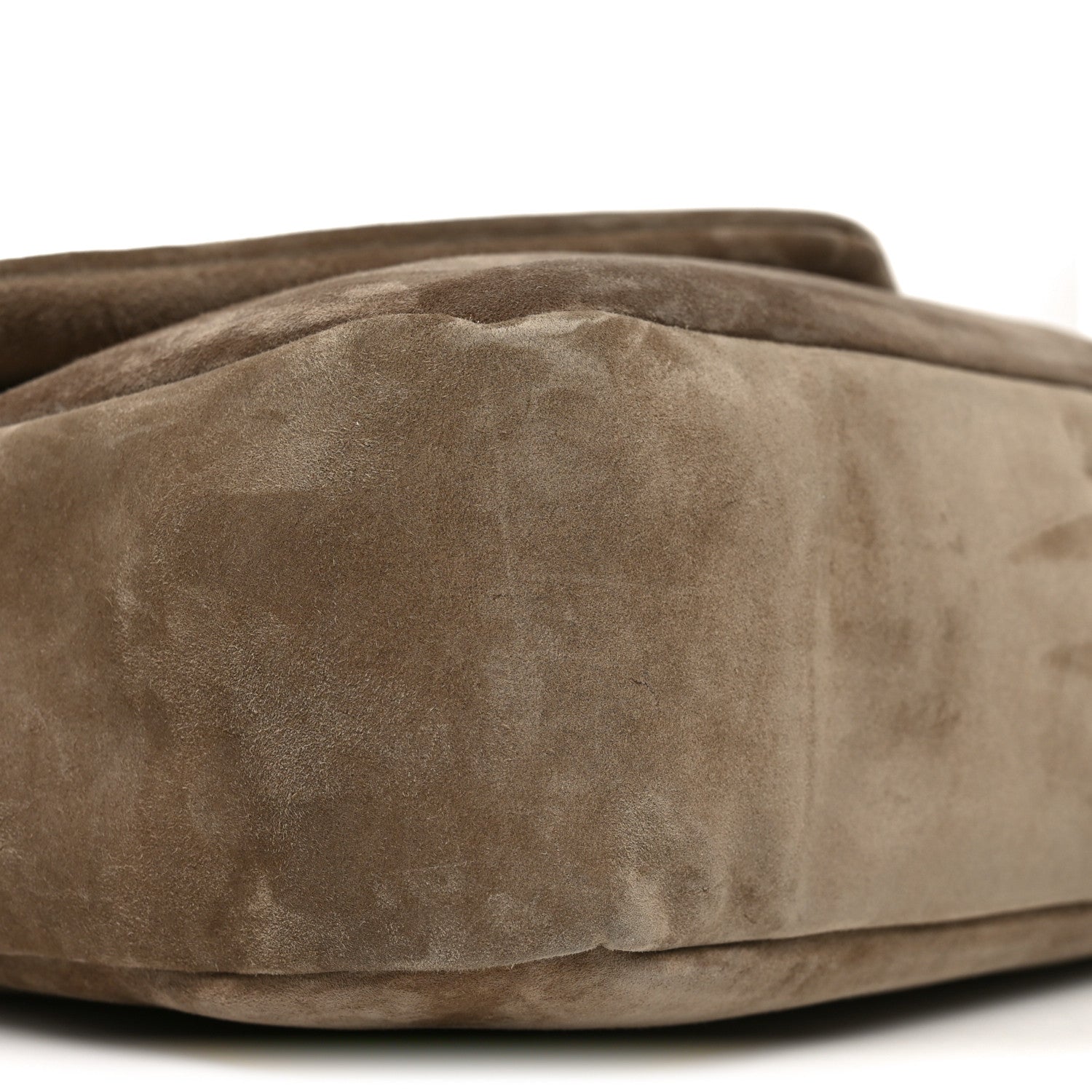 Saint Laurent Calypso suede large shoulder bag, taupe, close-up of back panel