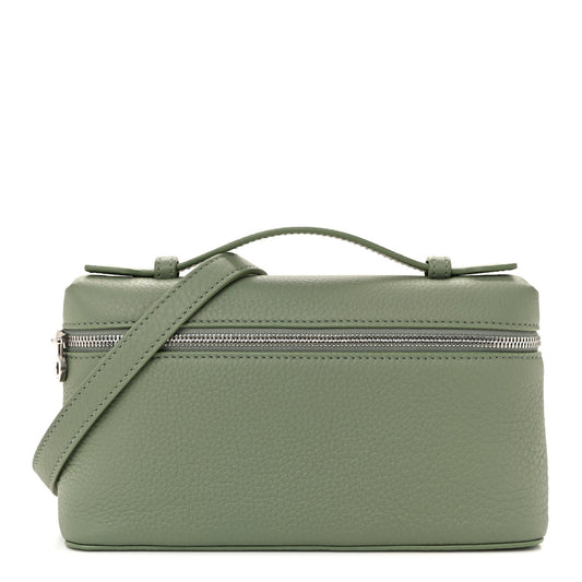 Sage green grained calfskin pouch with top zip and adjustable crossbody strap