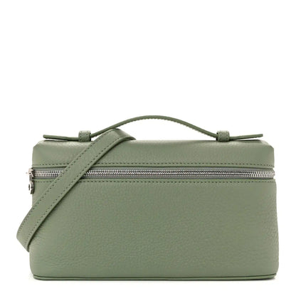 Sage green grained calfskin pouch with top zip and adjustable crossbody strap